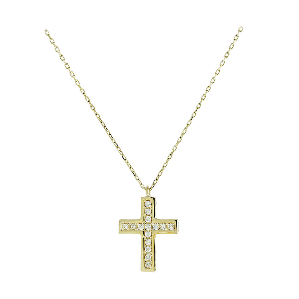 Yellow Gold Cross Necklace With CZ