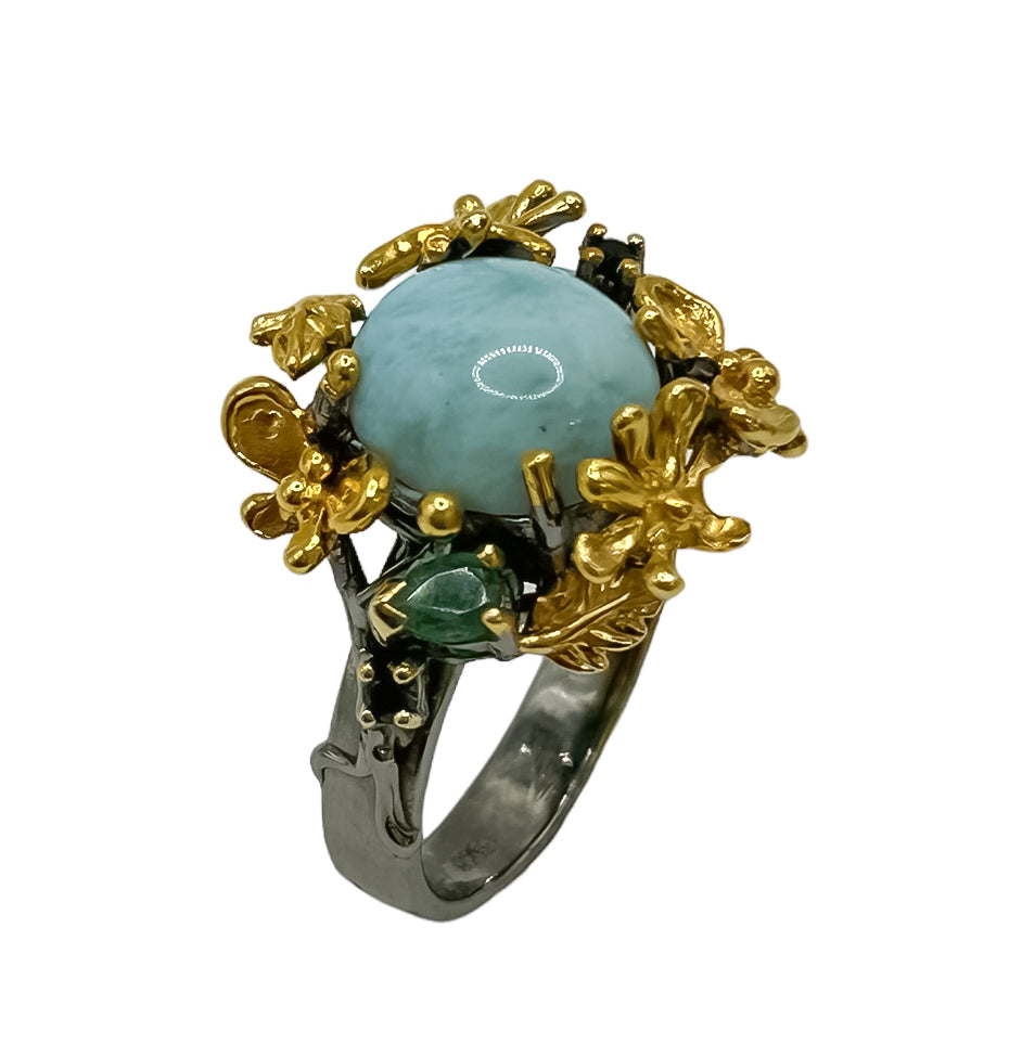 Oxidized Silver and Yellow Gold Vermeil Ring with Gems