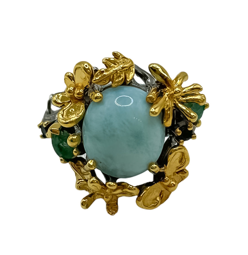 Oxidized Silver and Yellow Gold Vermeil Ring with Gems