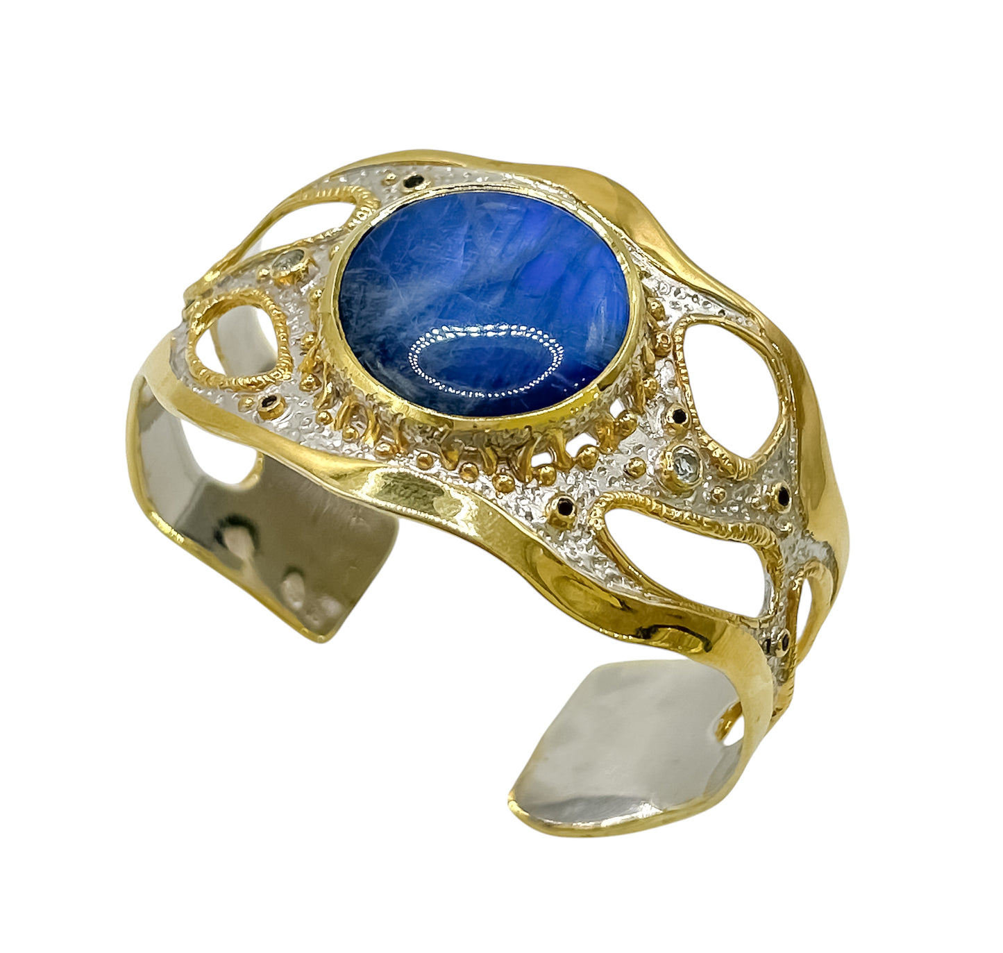 Silver Bangle With Spectrolite and Gems