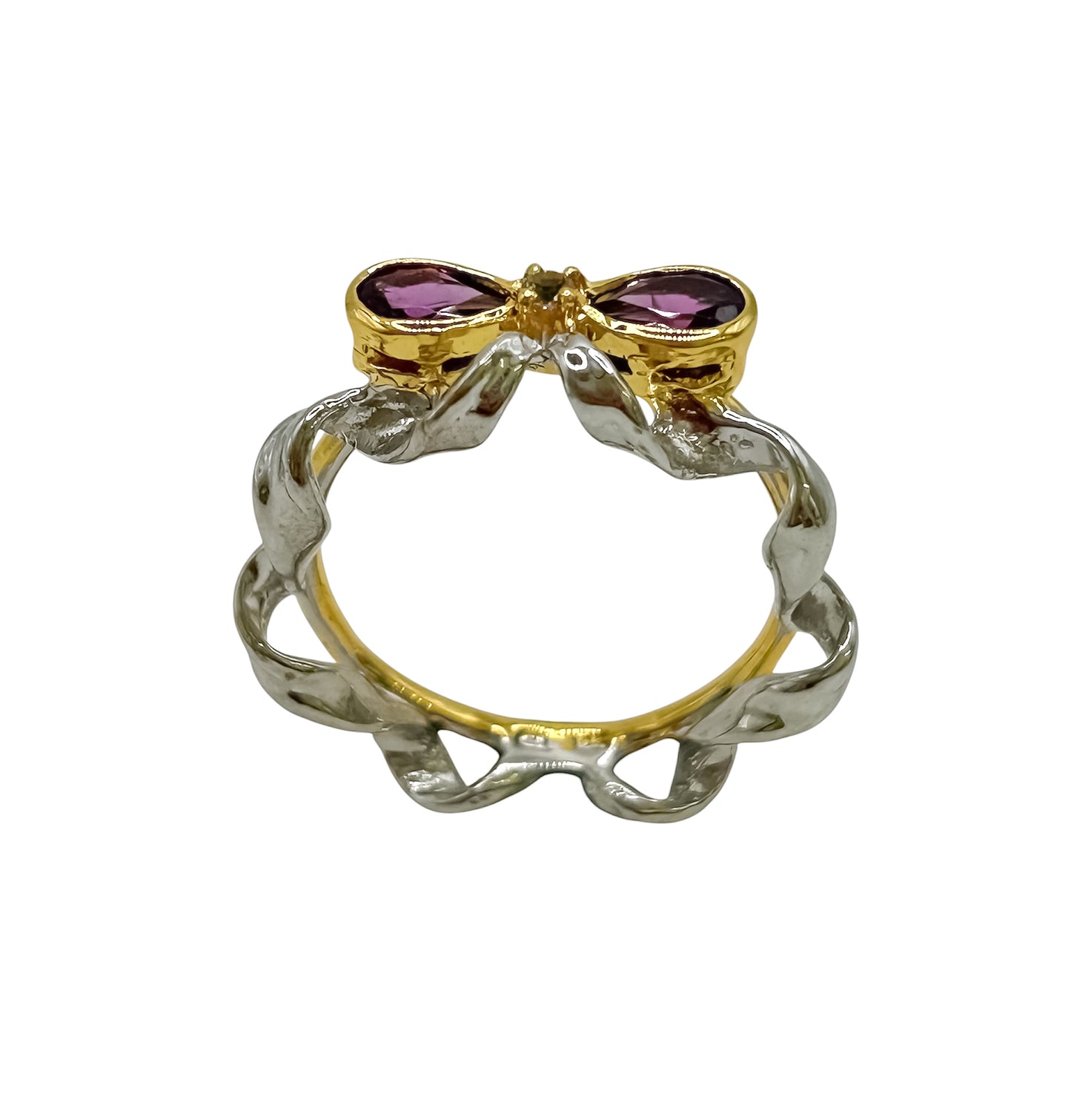 Silver Ring Bow Design With Amethysts