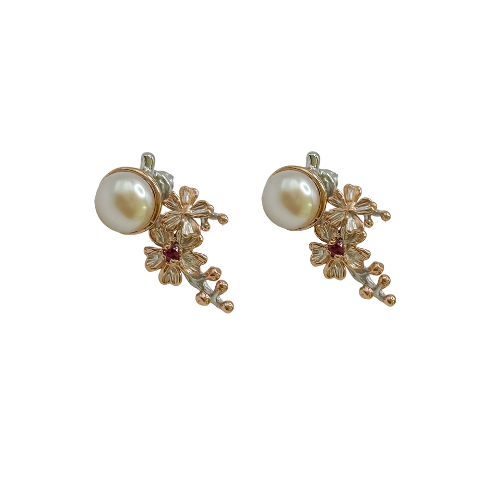 Elegant Pearl and Rhodolite Floral Earrings