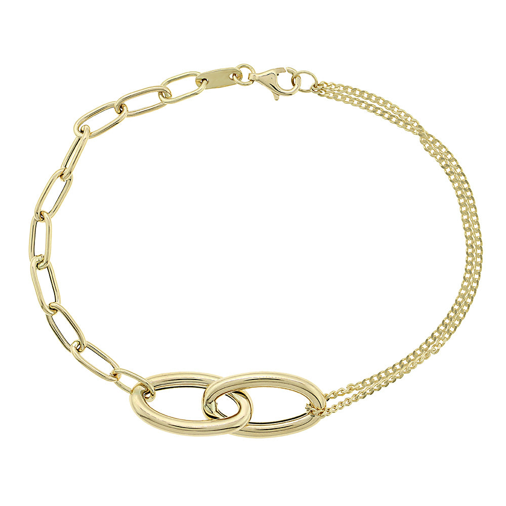 Gold bracelet with interlocking chain design on a white background