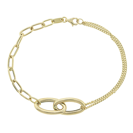 Gold bracelet with interlocking chain design on a white background