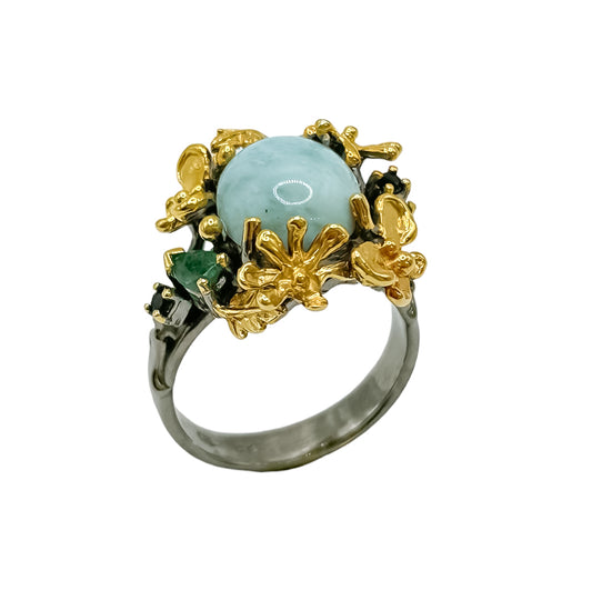 Oxidized Silver and Yellow Gold Vermeil Ring with Gems