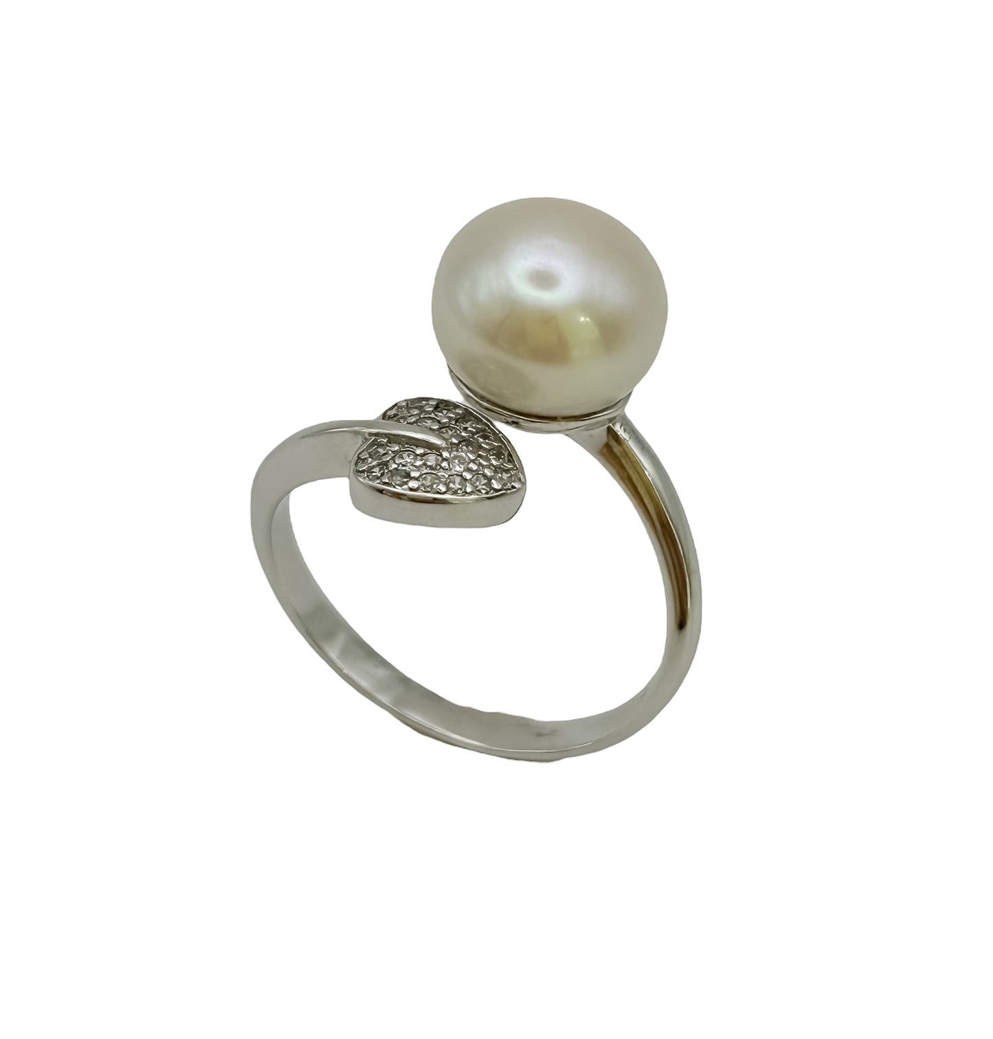 Silver pearl leaf design ring