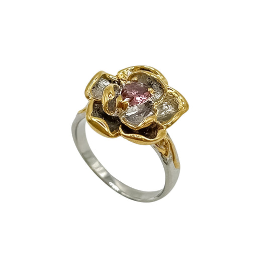 Silver Flower Ring With Tourmaline