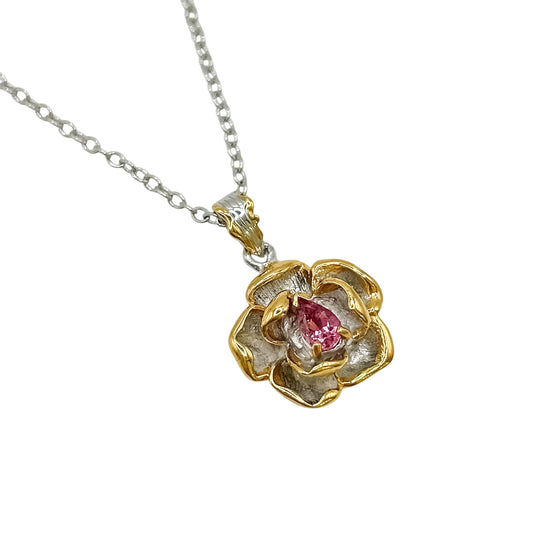 Silver Flower Necklace With Pink Sapphire