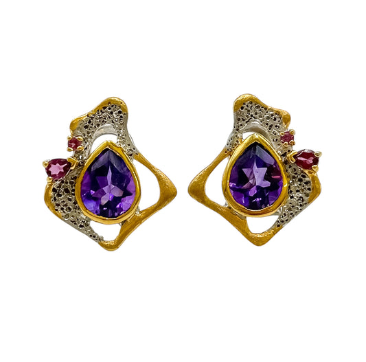 Silver Earrings With Amethyst & Rhodolite