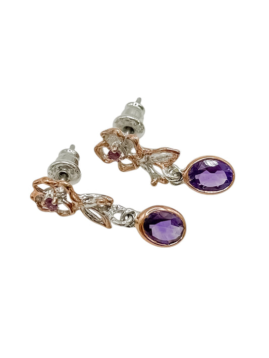 Silver Flower Earrings With Amethyst