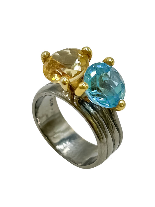 Silver Ring With Citrine & Blue Topaz
